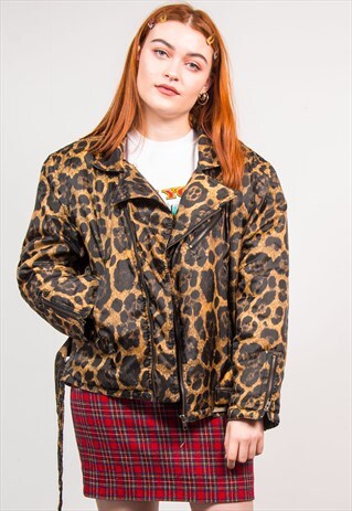 90'S LEOPARD PRINT OVERSIZED BIKER STYLE PADDED JACKET