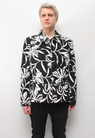 VINTAGE 70' AMAZING BEAUTIFUL BLACK LINEN FLOWER JACKET