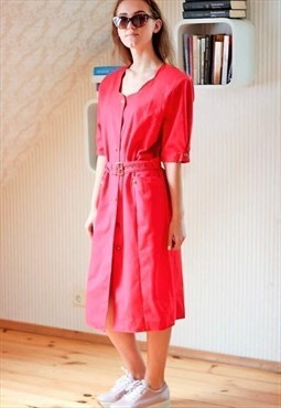 Bright red scallop edges  cut out belted shirt style dress