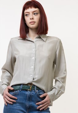 Silky Beige Buttons Up Blouse Shirt Oversized Summer 4926