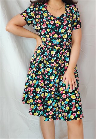 VINTAGE BLACK FLORAL SMOCK DRESS