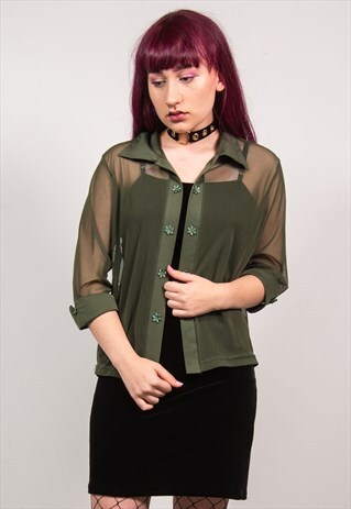 VINTAGE 90'S GREEN SHEER OPEN FRONT BLOUSE TOP
