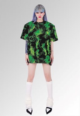 Smoke print t-shirt neon flame tee grunge punk top in green