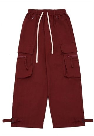 Parachute jean joggers retro cargo denim pants in burgundy