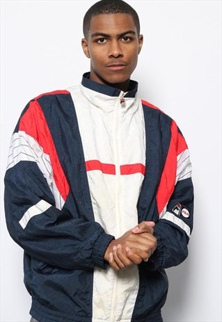 VINTAGE FILA LOGO TRACK JACKET WHITE BLUE AND RED