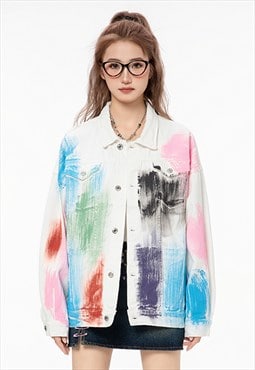 Paint splatter denim jacket painted jean bomber in white