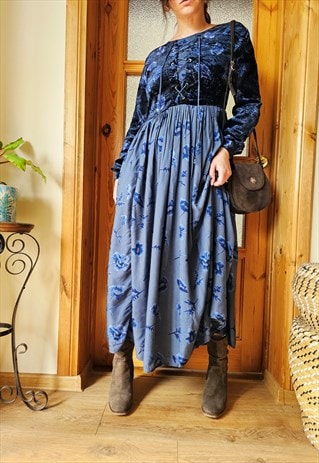 90S BLUE FLORAL LACE UP WHIMSY LONG FLARE MAXI DRESS