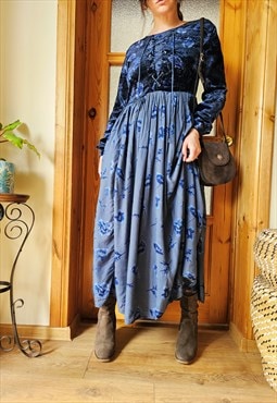 90s blue floral lace up whimsy long flare maxi dress