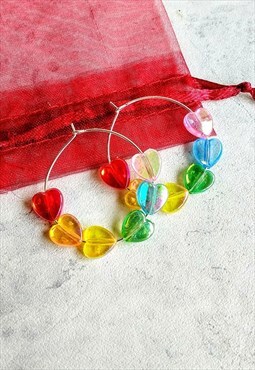 Rainbow Iridescent Candy Heart Hoop Earrings