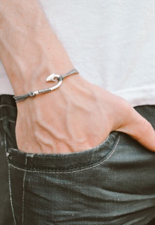 GREY HOOK BRACELET FOR MEN, SILVER TONE FISH HOOK CHARM