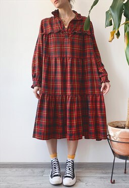 Vintage 90's Summer Red Check Loose Ruffle A-line Midi Dress