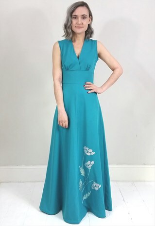 VINTAGE 70'S TURQUOISE MAXI DRESS WITH SPARKLY FLORALS