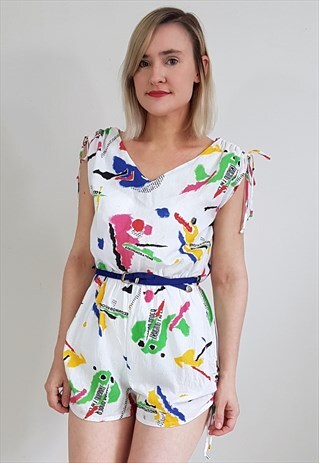 VINTAGE 80'S TEXT PRINT COLOUR SHORT TIE PLAYSUIT