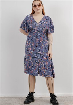 Vintage 90s Flutter Sleeve Floral Printed Summer Maxi Dress 