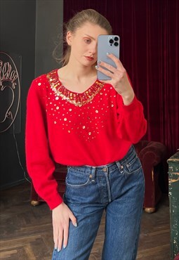 Red Angora Sweater with Embroidery