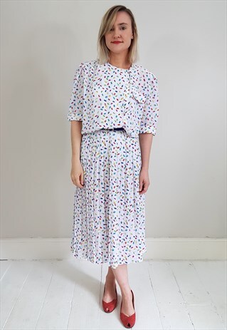 VINTAGE 80'S WHITE MULTI COLOUR SPOTTED PLEATED DRESS