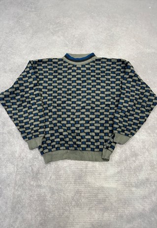 VINTAGE KNITTED JUMPER ABSTRACT PATTERNED GRANDAD SWEATER