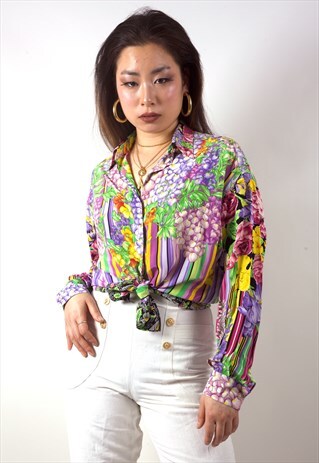 VINTAGE GIANNI VERSACE MULTI ABSTRACT FLOWER PRINT BLOUSE