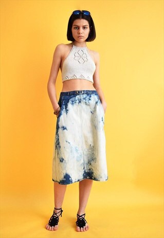 90'S DENIM ACID WASHED CUSTOMIZED HIGHWAISTED MIDI SKIRT