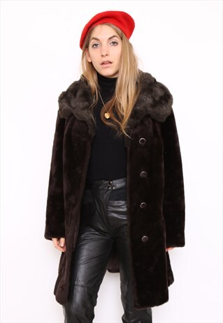 VINTAGE 80S BROWN FAUX FUR COAT