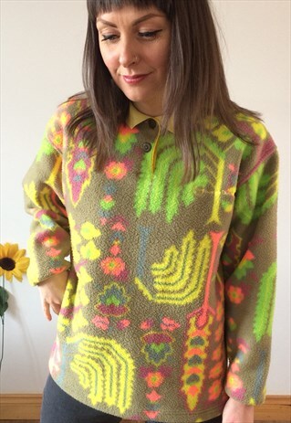 VINTAGE 90S YELLOW PINK & MUSTARD ABSTRACT DESIGN FLEECE