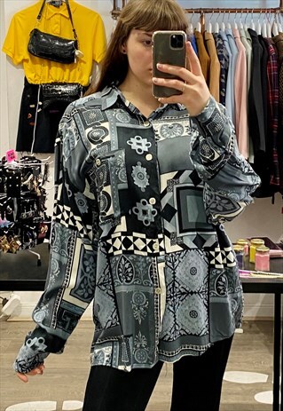 VINTAGE 90S SHIRT BLOUSE IN BLUE WHITE ABSTRACT PATTERN