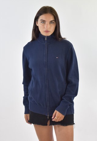 VINTAGE 90S BLUE TOMMY HILFIGER ZIP UP KNIT SWEATER