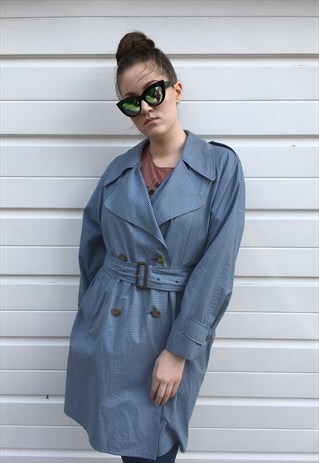 WOMENS VINTAGE BURBERRY COAT BLUE CHECKED MAC TRENCH COAT