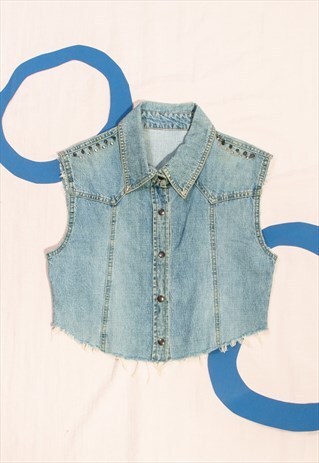 VINTAGE DENIM VEST Y2K REWORKED SPIKED PUNK WAISTCOAT