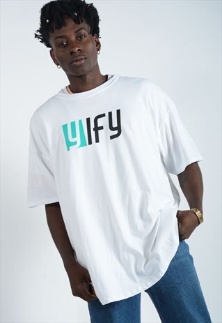 YIFY UNISEX T-SHIRT IN WHITE WITH GREEN LOGO.