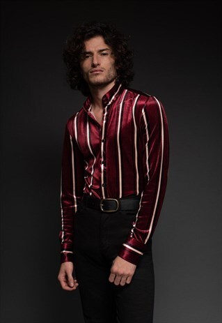 MENS BURGUNDY STRIPED VELVET MOD KAFTAN SHIRT