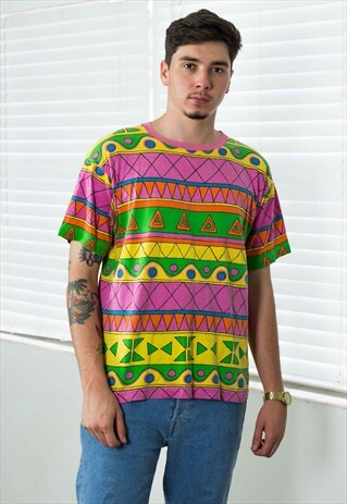 VINTAGE RETRO PATTERN T-SHIRT 90S L 7.1