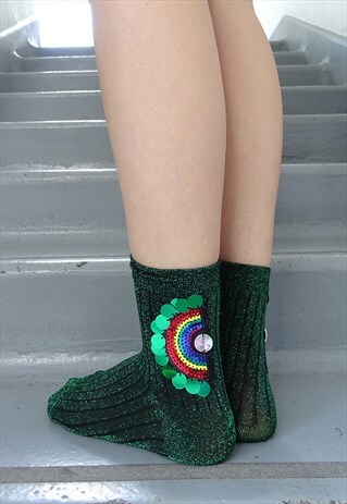 SPARKLY GREEN SOCKS WITH DIAMANTE RAINBOW DETAIL.