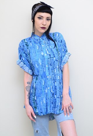 VINTAGE 90'S ABSTRACT BLUE PATTERNED OVERSIZED SHIRT