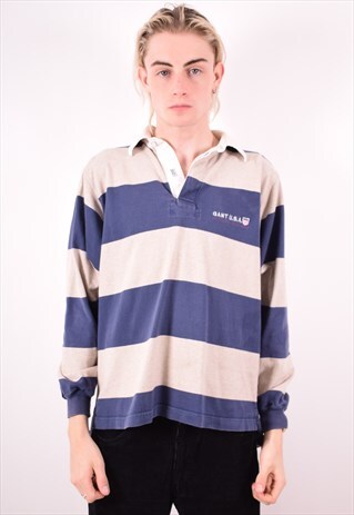 GANT MENS VINTAGE RUGBY POLO SHIRT MEDIUM BLUE STRIPES 90S