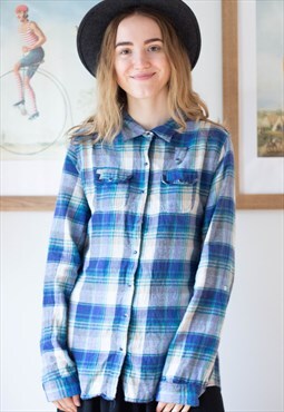 Blue and beige checked flannel shirt