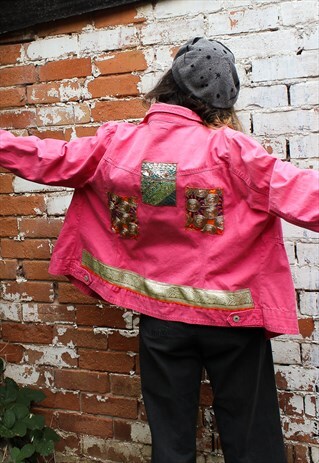 REWORKED SPARKLY PINK BOHO DENIM JACKET