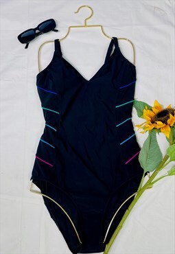 Vintage 90's Black Rainbow Stripe Swimsuit
