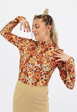 Orange 70's Floral Print High Neck Bodysuit