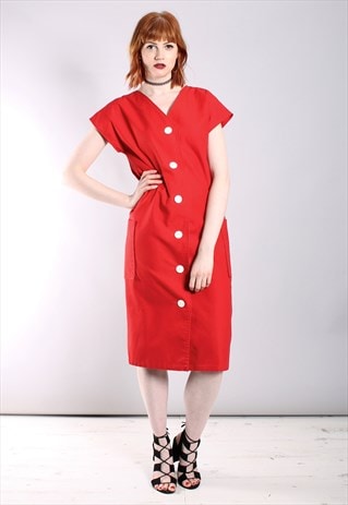 VINTAGE 60S RED STRAIGHT CUT BUTTON MIDI DRESS