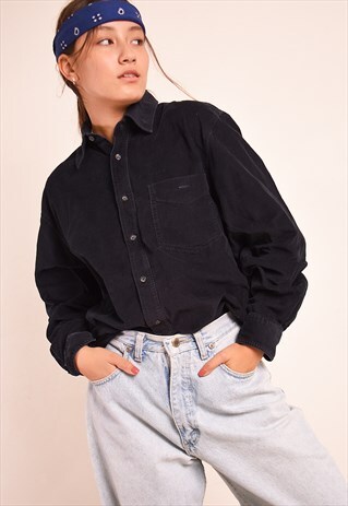 Y2K RETRO CORDUROY GRUNGE OVERSIZED SHIRT TOP IN BLACK