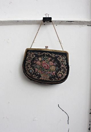 VINTAGE 80' AMAZING BEAUTIFUL BLACK FLOWER LITTLE BAG