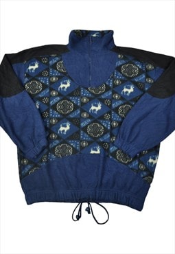 Vintage Fleece 1/4 Zip Retro Pattern Blue Large