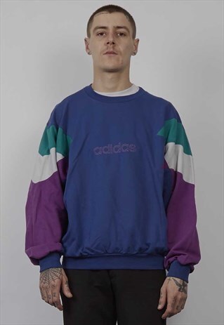 VINTAGE 80'S ADIDAS DIAMOND SLEEVE BLUE SWEATER