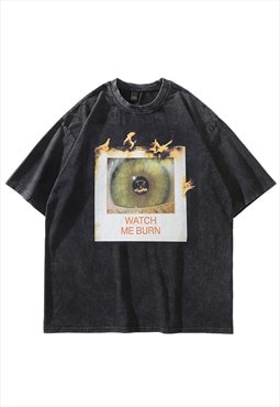 Psychedelic t-shirt flame tee eye print top in vintage grey
