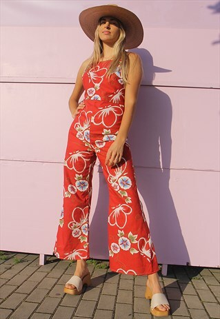 NEW HANDMADE BACKLESS JUMPSUIT IN A RED & WHITE FLORAL PRINT