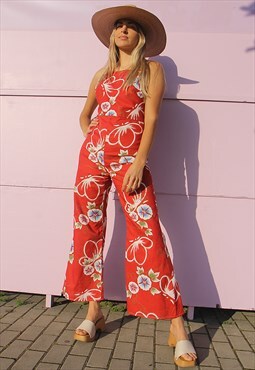 New Handmade Backless Jumpsuit in a Red & White Floral Print