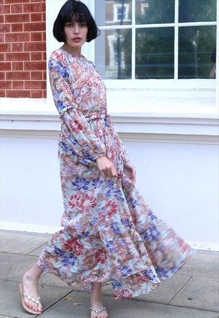 Multi floral print elegant long maxi dress beige CY