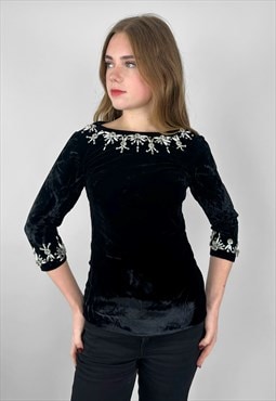 60's Vintage Sorelle Fontana Black Velvet Silver Beaded Top