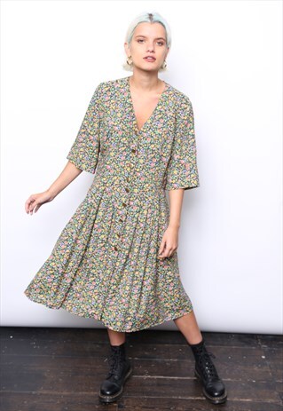 VINTAGE 90S DARK FLORAL PRINT GRUNGE MIDI DRESS